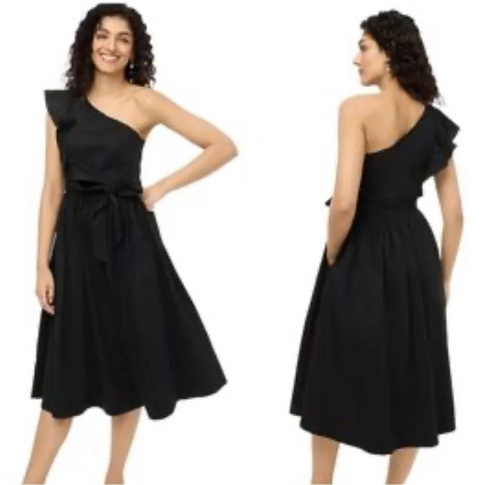 J.Crew Black One-shoulder MIDI Tie Dress Size 12P